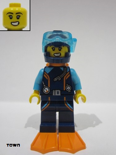 lego 2024 mini figurine cty1768 Arctic Explorer Diver Female, Dark Blue Diving Suit and Helmet, Orange Air Tanks and Flippers, Trans-Light Blue Diver Mask, Scared 
