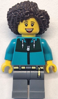 lego 2024 mini figurine cty1771 Bus Passenger Female, Dark Turquoise Jacket with Dark Green Panel, Dark Bluish Gray Legs, Dark Brown Hair 