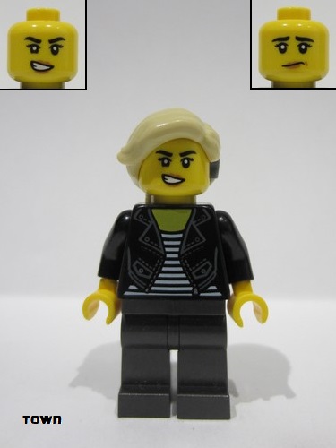 lego 2024 mini figurine cty1774 Sports Car Driver Female, Black Leather Jacket, Tan Hair with Cochlear Implant 