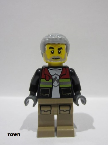 lego 2024 mini figurine cty1783 Fire Male, Black Open Jacket with Reflective Stripes and Red Collar, Dark Tan Legs, Light Bluish Gray Coiled Hair 