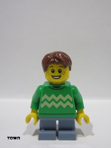 lego 2024 mini figurine cty1786 Child Boy, Bright Green Sweater with Bright Light Yellow Zigzag Lines, Sand Blue Short Legs, Reddish Brown Hair 