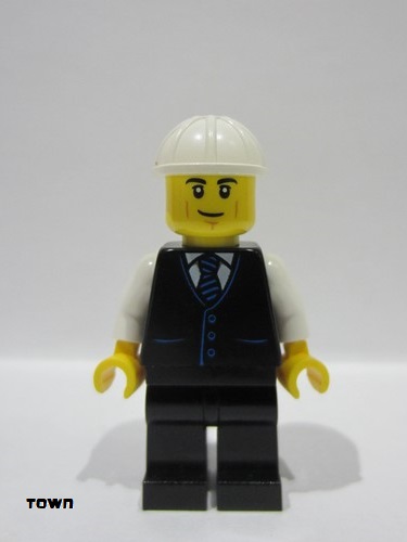 lego 2024 mini figurine cty1788 Construction Engineer / Architect Male, Black Vest with Blue Striped Tie, Black Legs, White Construction Helmet, Lopsided Grin 