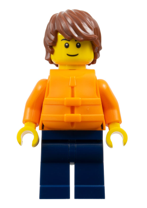 lego 2024 mini figurine cty1791 Man Reddish Brown Hair, Orange Jacket and Life Jacket, Dark Blue Legs 