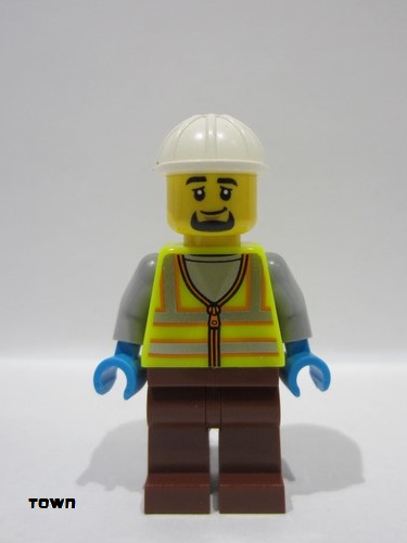 lego 2024 mini figurine cty1796 Dock Worker White White Construction Helmet, Goatee, Neon Yellow Reflective Vest, Reddish Brown Legs 