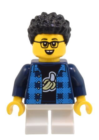 lego 2024 mini figurine cty1806 Robot World Patron Child Boy, Flannel Vest over Shirt with Banana, White Short Legs, Black Hair 