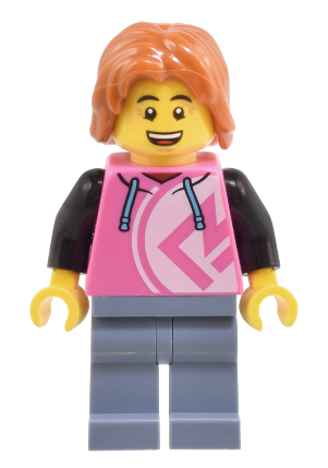 lego 2024 mini figurine cty1807 Robot World Patron Male, Dark Pink Hoodie, Sand Blue Legs, Dark Orange Hair 