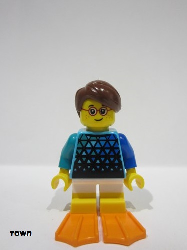 lego 2024 mini figurine twn501 Child Boy, Medium Azure Top with Triangles, White Short Legs with Yellow Feet, Reddish Brown Hair, Orange Flippers 