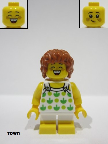 lego 2024 mini figurine twn502 Child Girl, White Halter Top with Green Apples and Lime Spots, White Short Legs with Yellow Feet, Dark Orange Hair 