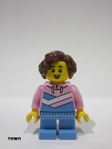 lego 2024 mini figurine twn504 Child Girl, Bright Pink Hoodie with Medium Blue and White Diagonal Stripes, Medium Blue Short Legs, Reddish Brown Wavy Hair 