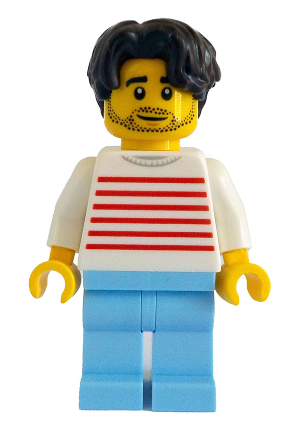 lego 2024 mini figurine twn505 Man White Sweater with Red Horizontal Stripes, Bright Light Blue Legs, Dark Brown Hair Wavy 