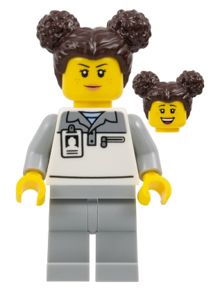 lego 2025 mini figurine cty1833 Formula 1 Mechanic Female, Light Bluish Gray and White Polo Shirt, Light Bluish Gray Legs, Dark Brown Hair with Buns, Freckles 