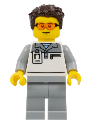 lego 2025 mini figurine cty1834 Formula 1 Mechanic Male, Light Bluish Gray and White Polo Shirt, Light Bluish Gray Legs, Dark Brown Tousled Hair, Safety Glasses 