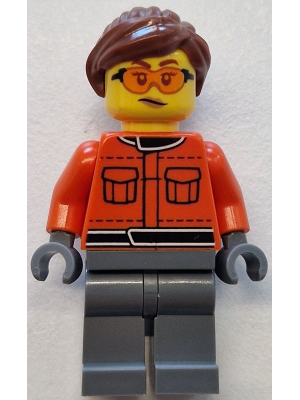 lego 2025 mini figurine cty1841 Formula 1 Race Crew Member Female, Reddish Orange Racing Suit with Pockets, Dark Bluish Gray Legs, Reddish Brown Hair, Safety Glasses 