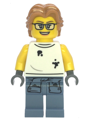 lego 2025 mini figurine cty1856 Scrapyard Worker Female, White Sleeveless Shirt with Oil Stains, Sand Blue Legs with Shirt Sleeves with Oil Stains, Medium Nougat Wavy Hair, Glasses 