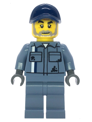 lego 2025 mini figurine cty1857 Scrapyard Worker Male, Sand Blue Mechanic Uniform, Sand Blue Legs, Dark Blue Cap, Beard 