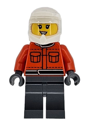 lego 2025 mini figurine cty1865 Formula 1 Pit Crew Member Female, Reddish Orange Racing Suit with Pockets, Dark Bluish Gray Legs, White Dirt Bike Helmet, Open Mouth Smile 