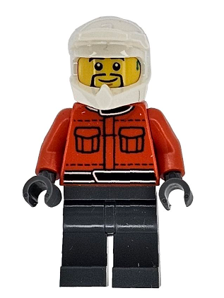 lego 2025 mini figurine cty1866 Formula 1 Pit Crew Member Male, Reddish Orange Racing Suit with Pockets, Dark Bluish Gray Legs, White Dirt Bike Helmet, Thin Black Goatee, Dark Turquoise Hearing Aid 