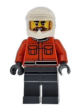 lego 2025 mini figurine cty1867 Formula 1 Pit Crew Member Male, Reddish Orange Racing Suit with Pockets, Dark Bluish Gray Legs, White Dirt Bike Helmet, Dark Orange Beard and Moustache 