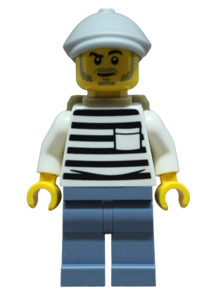 lego 2025 mini figurine cty1901 Police - City Jail Prisoner Male, White Shirt with Pocket and Black Stripes, Sand Blue Legs, Light Bluish Gray Flat Cap, Dark Tan Backpack 