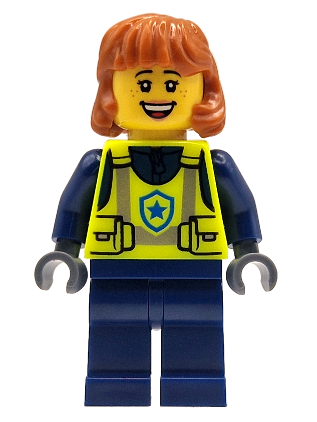 lego 2025 mini figurine cty1912 Police - City Officer Female, Neon Yellow Safety Vest, Dark Blue Legs, Dark Orange Mid Length Hair 