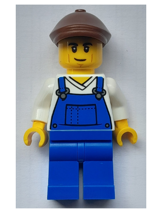 lego 2025 mini figurine cty1935 Farmer Male, Blue Overalls over V-Neck Shirt, Blue Legs, Reddish Brown Flat Cap 