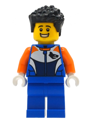 lego 2026 mini figurine cty1996 Bike Racer Male, Racing Suit with Shark Head Logo, Blue Legs, Black Hair Short 