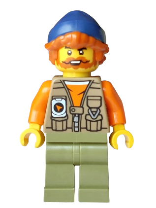lego 2026 mini figurine cty2013 Fisherman Dark Tan Vest over Orange Shirt, Olive Green Legs, Dark Blue Beanie, Dark Orange Hair 