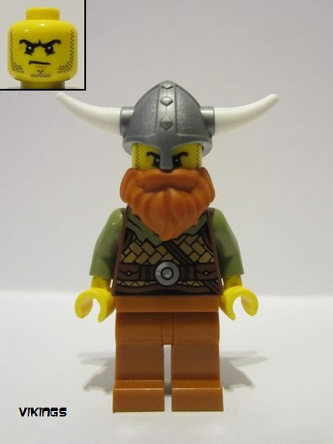 lego 2022 mini figurine vik038 Viking Warrior Male, Medium Nougat Leather Armor, Dark Orange Beard and Legs, Flat Silver Helmet 