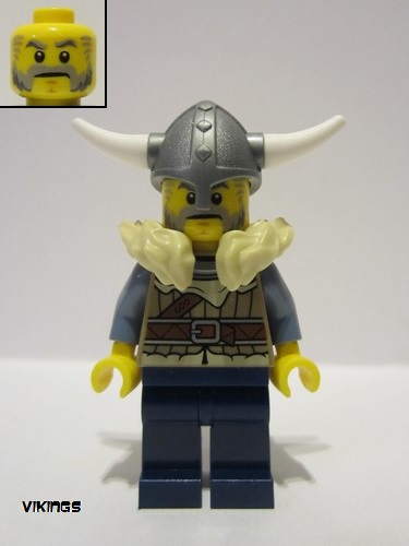 lego 2022 mini figurine vik040 Viking Warrior Male, Dark Tan Jacket with Tan Fur, Dark Blue Legs, Flat Silver Helmet 