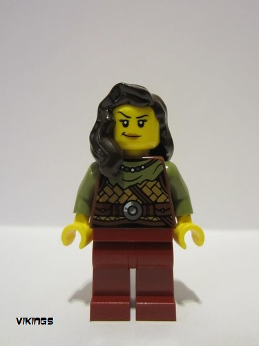 lego 2022 mini figurine vik041 Viking Warrior Female, Leather Armor, Dark Red Legs, Dark Brown Hair 