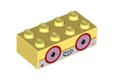 Bright Light Yellow Brick 2 x 4 with Bright Light Orange Middle Line, White Lower Half, Round Pink Eyes with Red Outline, Smile Showing Teeth and Dots on Cheeks Pattern