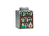 Dark Bluish Gray Brick 1 x 1 with Shelves and Potion Bottles with Black Labels, Silver Tops, and Green, Nougat, and Reddish Brown Contents Pattern