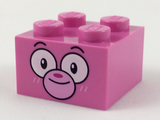 Dark Pink Brick 2 x 2 with Cat Face, Black Eyebrows, Large White Eyes, Bright Pink Muzzle and Whiskers, Magenta Nose Pattern