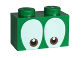 Green Brick 1 x 2 with Small Round Reddish Brown and Black Eyes on White Background Pattern (Super Mario Squawks)