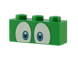 Green Brick 1 x 3 with Dark Blue and Dark Turquoise Eyes on White Background Pattern (Super Mario Spike Upper Face)