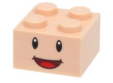 Light Nougat Brick 2 x 2 with Black Eyes, White Pupils, and Dark Red Open Mouth Smile with Red Tongue Pattern (Super Mario Yellow Toad Face)