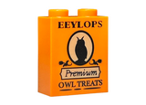 Orange Brick 1 x 2 x 2 with Inside Stud Holder with Black 'EEYLOPS', 'Premium', 'OWL TREATS' and Owl Silhouette on Tan Background Pattern