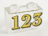 Trans-Clear Brick 1 x 2 without Bottom Tube with Gold '123' Pattern