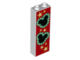 White Brick 1 x 2 x 5 with Black Mickey Mouse Logos with Dark Turquoise Border and Yellow and White Stars on Red Background Pattern
