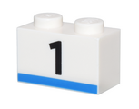 White Brick 1 x 2 with Black Number 1 and Blue Stripe Pattern