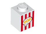 White Brick 1 x 1 with Red Vertical Stripes and Yellow 'POP' in Speech Bubble (Popcorn Box) Pattern
