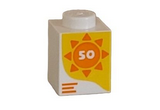 White Brick 1 x 1 with Number 50 in Orange Sun on Yellow Background Pattern