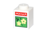 White Brick 1 x 1 with Bright Light Yellow Flowers and Dark Green Leaves on Bright Green Square and Red Bar with White Text Pattern (Animal Crossing Flower Seeds)