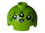 Lime Brick, Round 2 x 2 Dome Top with Bottom Axle Holder - Vented Stud with Alien Face with 3 Black Eyes and Mouth, White Pupils, Medium Lavender Tongue and Green Spots Pattern