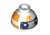 White Brick, Round 1 1/2 x 1 1/2 x 2/3 Dome Top with SW RJ-83 Droid Head, Orange Stripes and Dark Blue Eyes on Silver Background Pattern