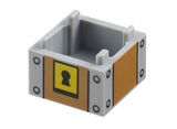 Light Bluish Gray Container, Box 2 x 2 x 1 - Top Opening with Raised Inner Bottom with Medium Nougat Panels, Black Keyhole on Yellow Background, and Rivets Pattern (Super Mario Treasure Chest Block)