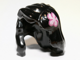 Black Minifigure, Hair Female Mid-Length with Part over Right Shoulder and Pink Flower Pattern on Left Side