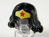 Black Minifigure, Hair Female Long Wavy with Yellow Tiara and Red Star Pattern (Wonder Woman)