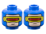 Blue Minifigure, Head Dual Sided Balaclava, Light Nougat Face, Yellow Visor with Red Lens, Slight Grin / Frown Pattern - Vented Stud