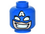Blue Minifig, Head Male Mask with Eye Holes White and Letter A on Forehead, Grin with Teeth Pattern (Captain America) - Stud Recessed